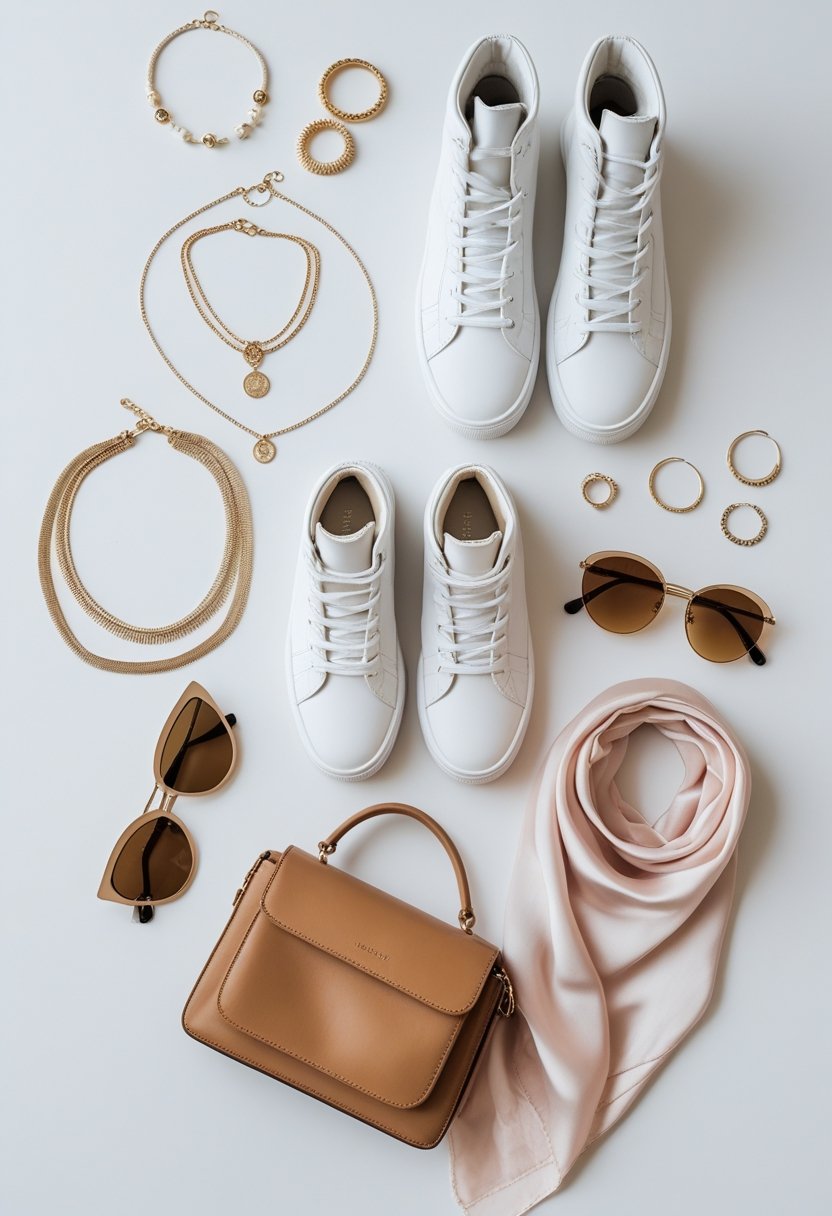 Flat lay of various fashionable accessories and footwear arranged on a white background.